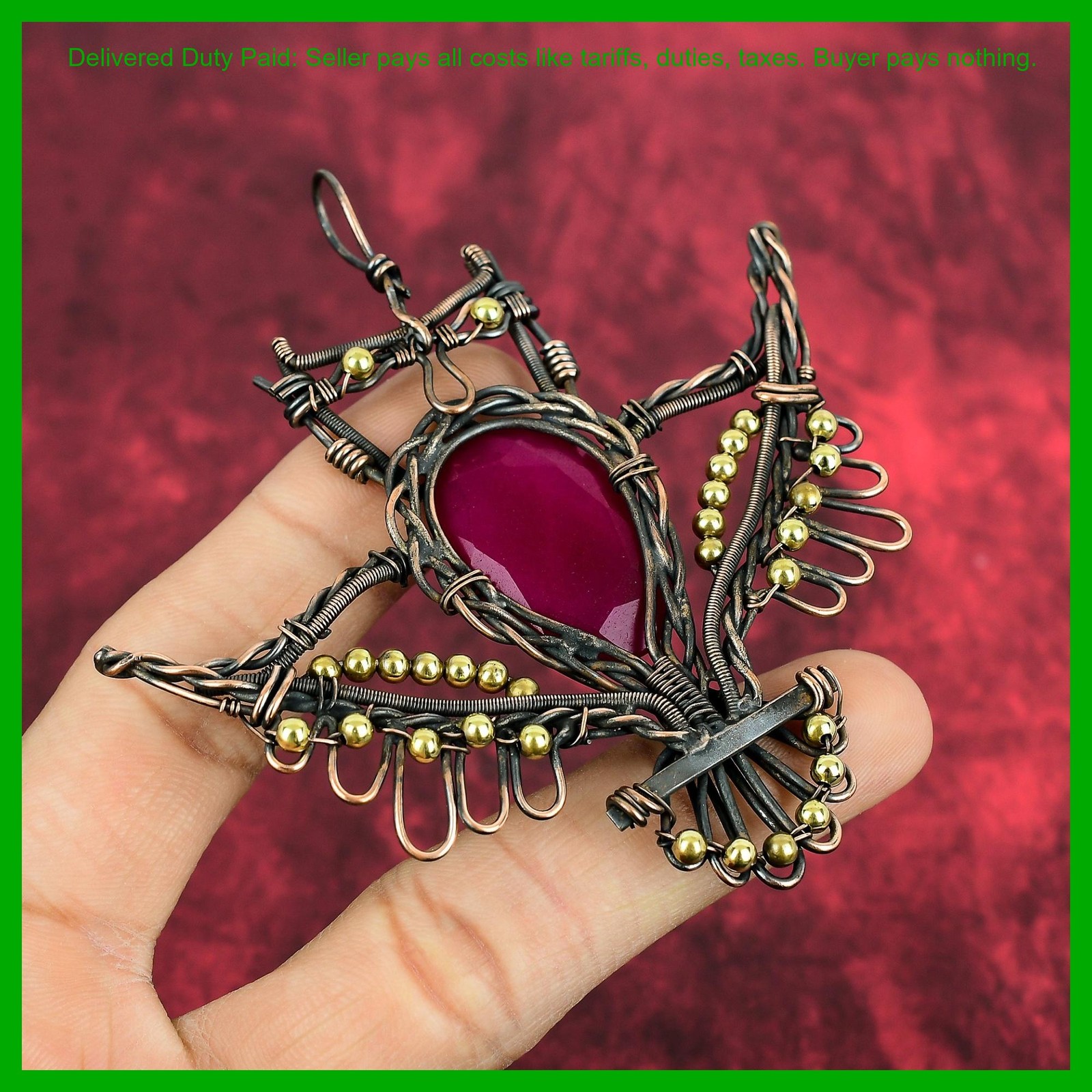 Copper Oval Kashmir Rubi Gemstone Mother Gift Wire Wrapped Owl Pendant Jewelry