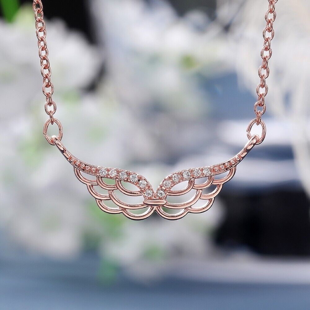 Angle Wing Shape Necklace 1.30Ct Round Simulated Diamond In 14K Rose Gold Plated