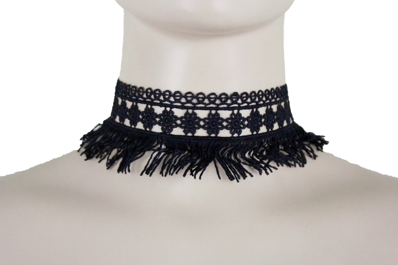 Women Tassel Strand Fringes Cool Style Fashion Black Fabric Choker Necklace