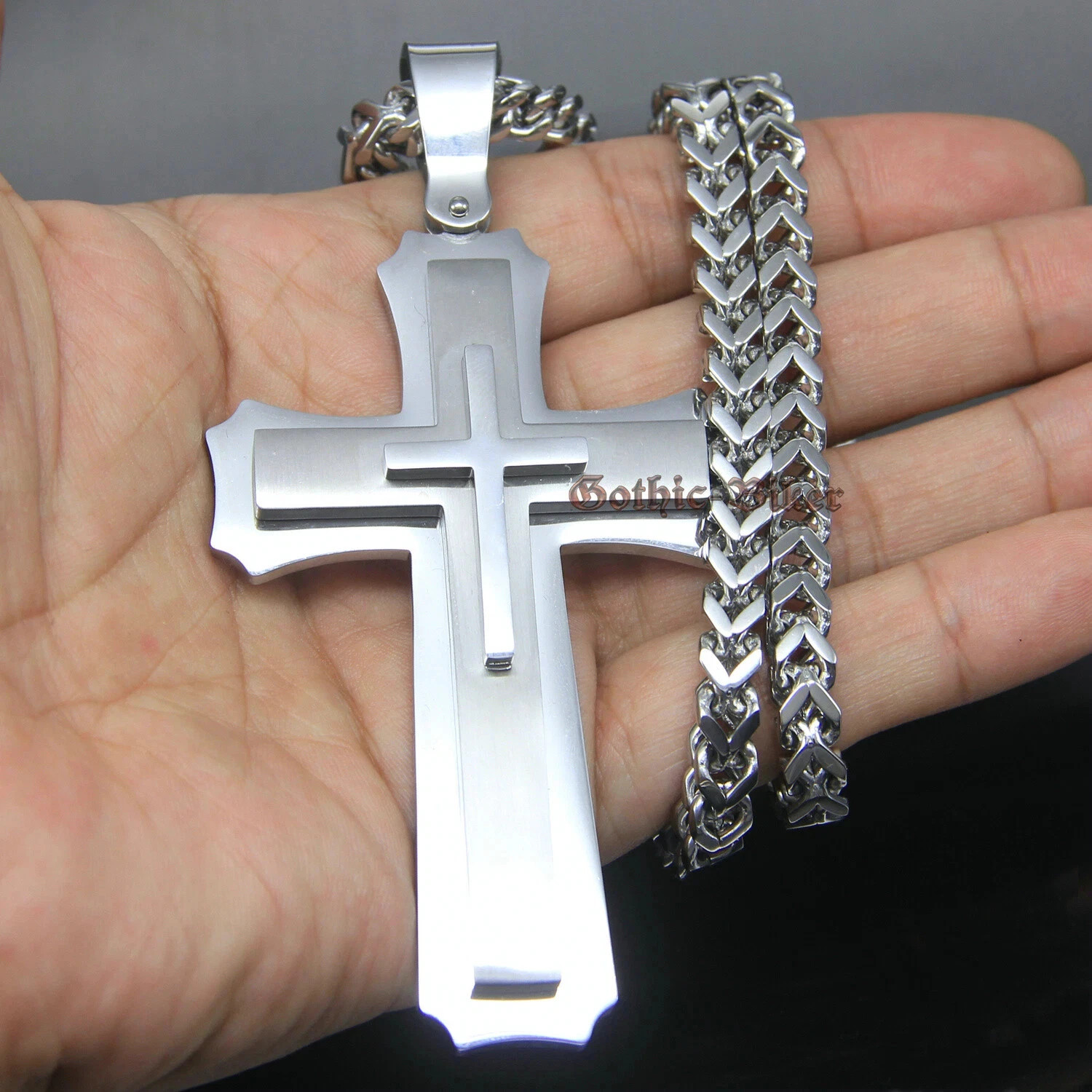 Huge Stainless Cross Men’s Necklace Pendant Heavy Large Silver Polished 3 Layer