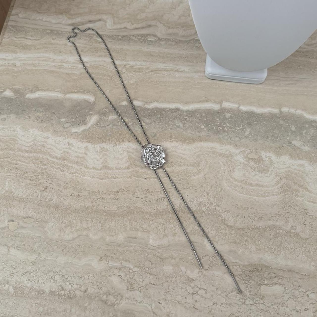 Silver Rose Flower Bolo Tie Chain Necklace