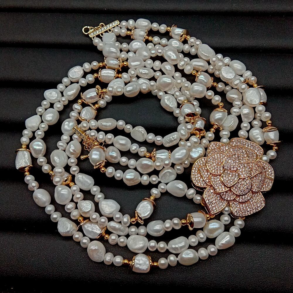 4 Strands Cultured White Baroque Pearl Cubic Zirconia Pave Pendant Necklace 19