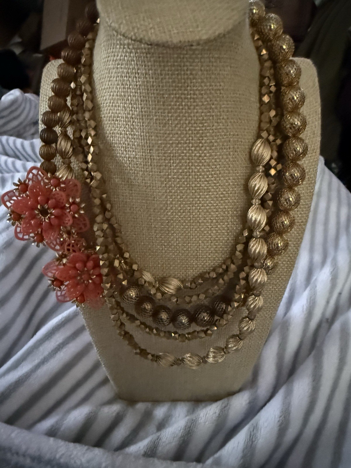 Gold Tone Multi-Strand Beaded Necklace Pink Flower Pendant Toggle Closure