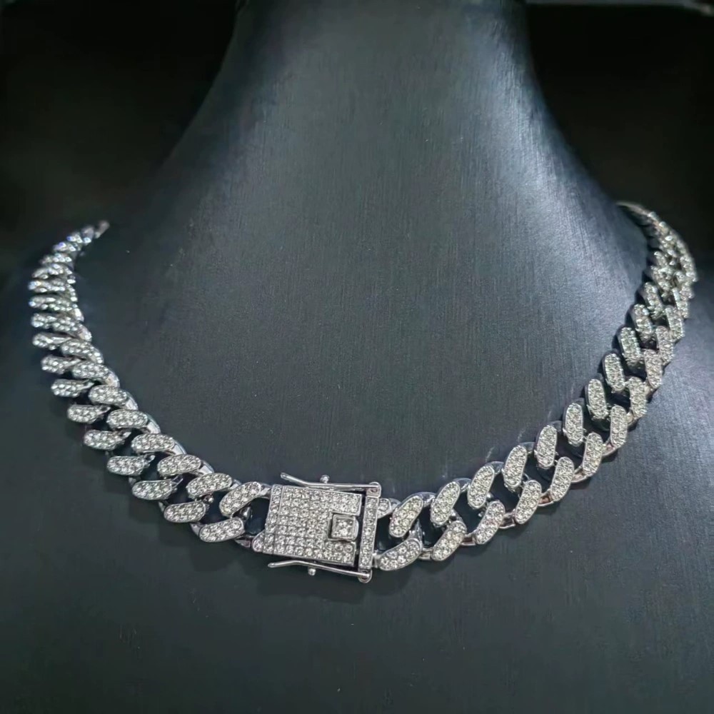13mm White Gold Plate Stainless Steel Miami Cuban Link Chain CZ NecklaceBracelet