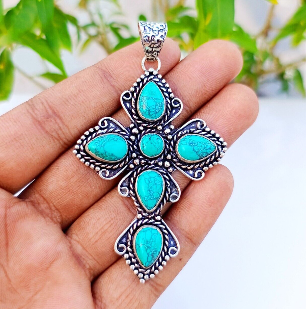 Turquoise Cross Pendant 925 Sterling Silver Handmade Gemstone Jewelry 2.55″