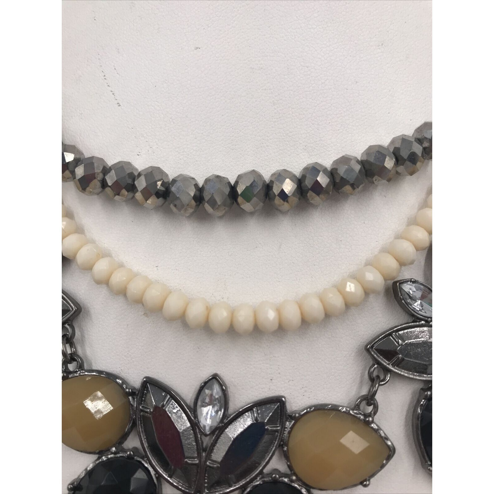 Gun Metal tone Black/Grey Cream Rhinestone Necklace 18″ Statement layer strands