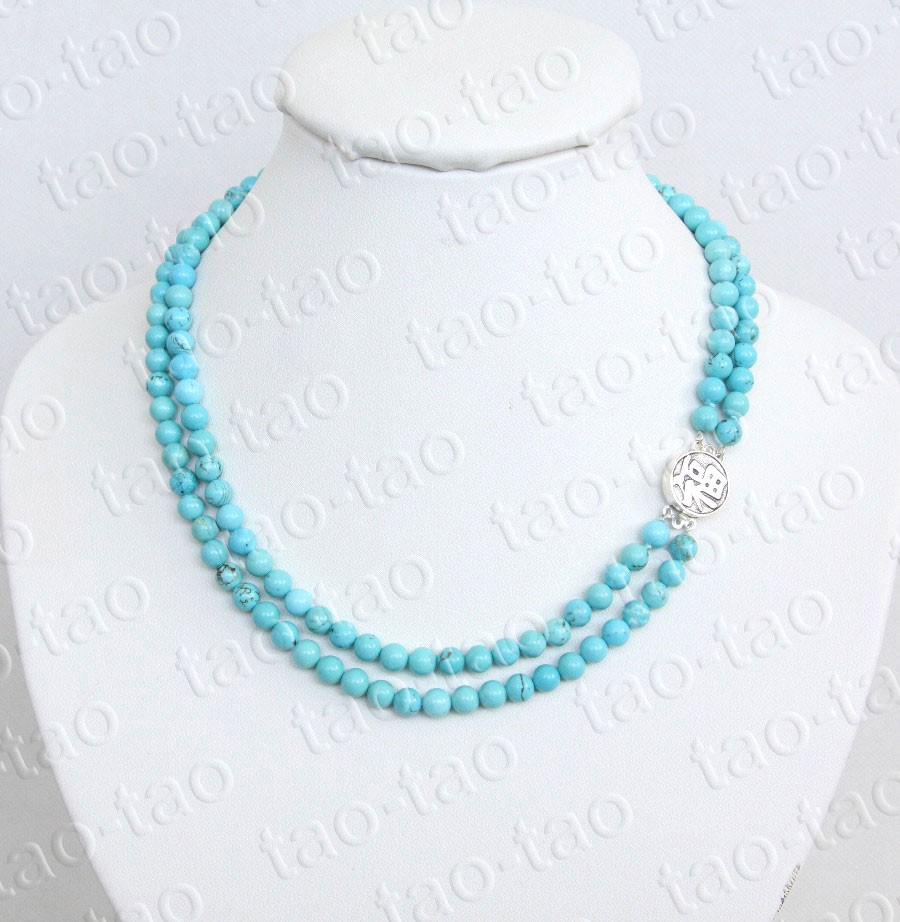 natural 17″ 2row 6mm round sky-blue green turquoise beads necklace 925sc clasp