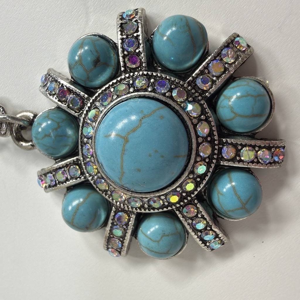 Silver Tone Snake Chain Necklace Round Turquoise Crystal Rhinestone Pendant