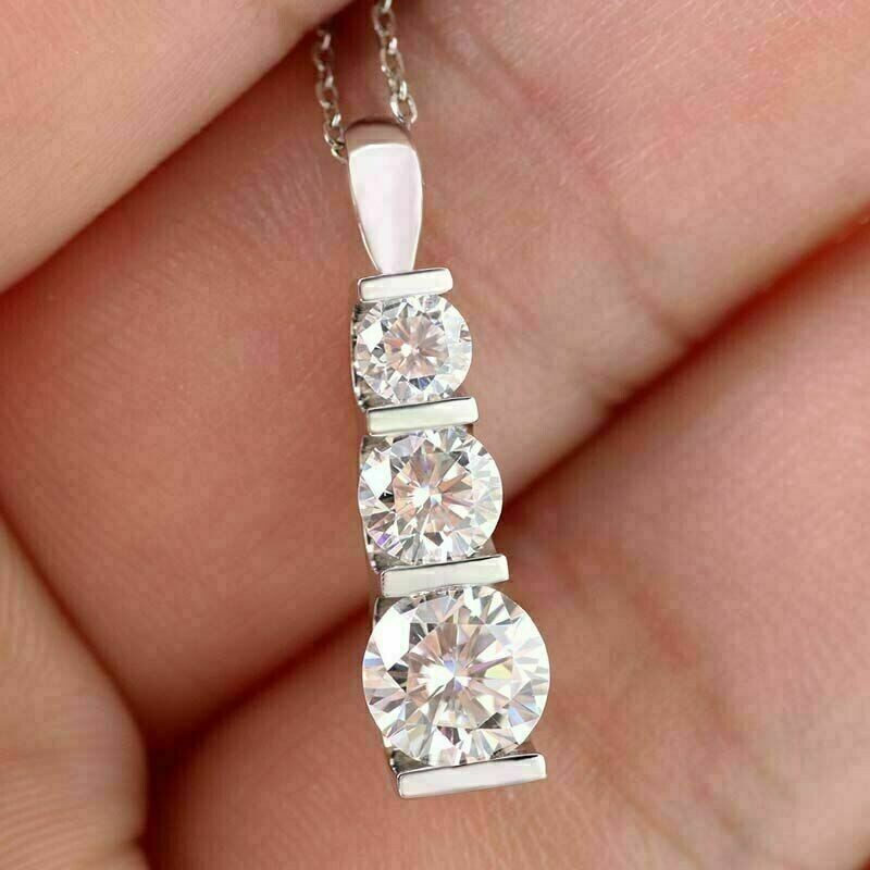Sparkling Three Stone Pendant Round Cut Simulated Diamond 14K White Gold Plated
