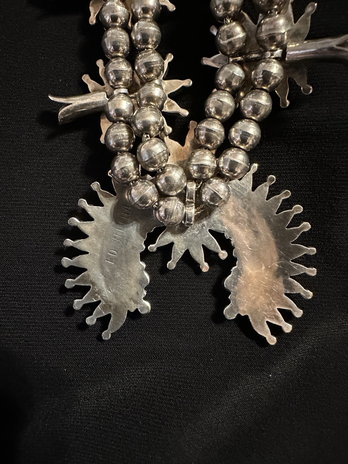 Ed Niiha Signed Sterling Silver Beaded Zuni Squash Blossom Necklace