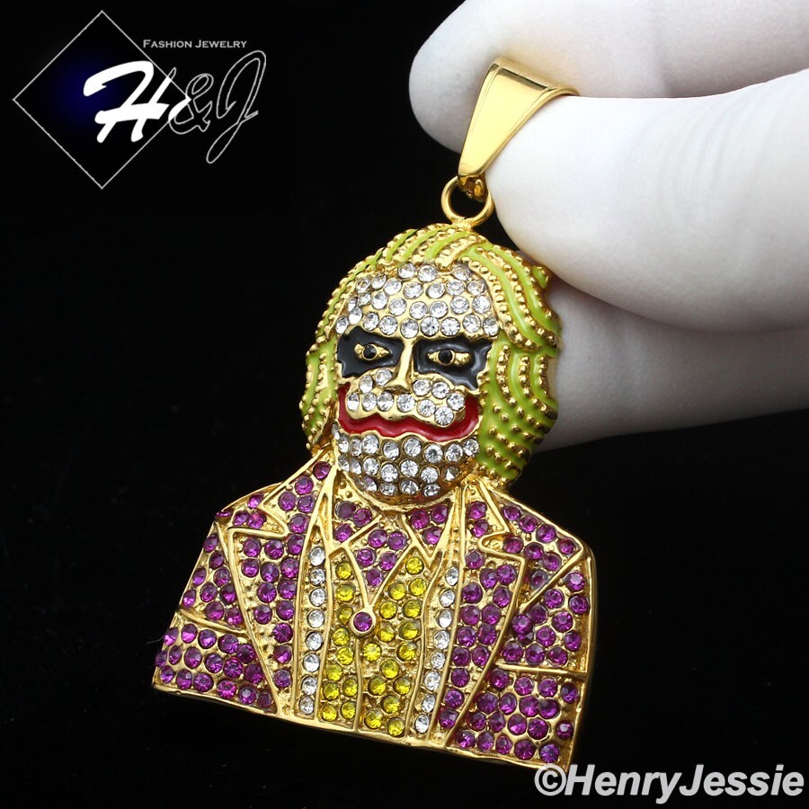 MEN’s Stainless Steel Icy Bling CZ Gold Plated Hip Hop Joker Pendant*GP139
