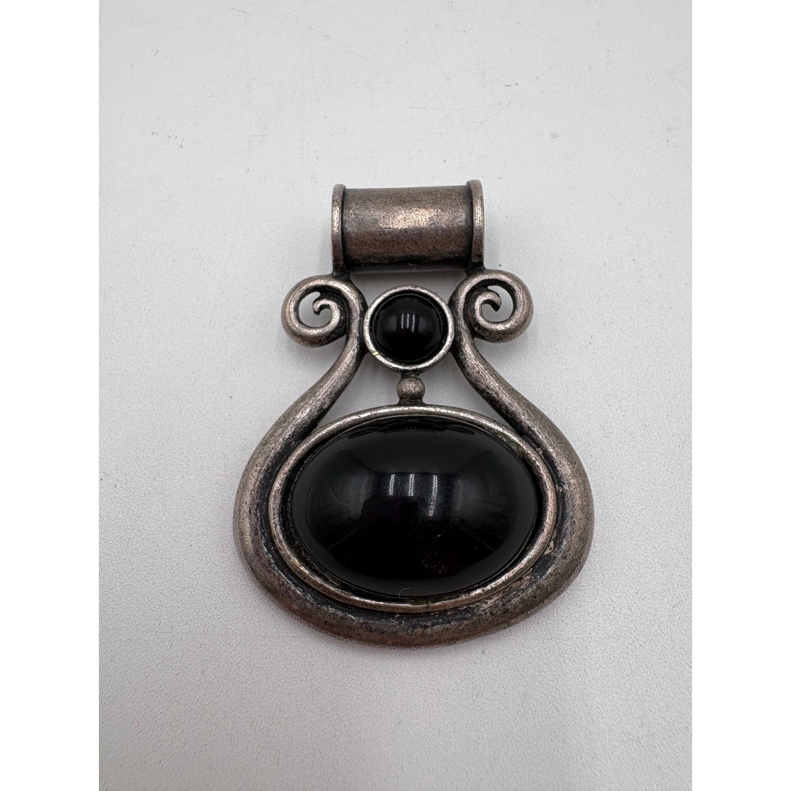 Vintage Silver Tone Black Cabochon Scroll Statement Pendant Large Bail Boho