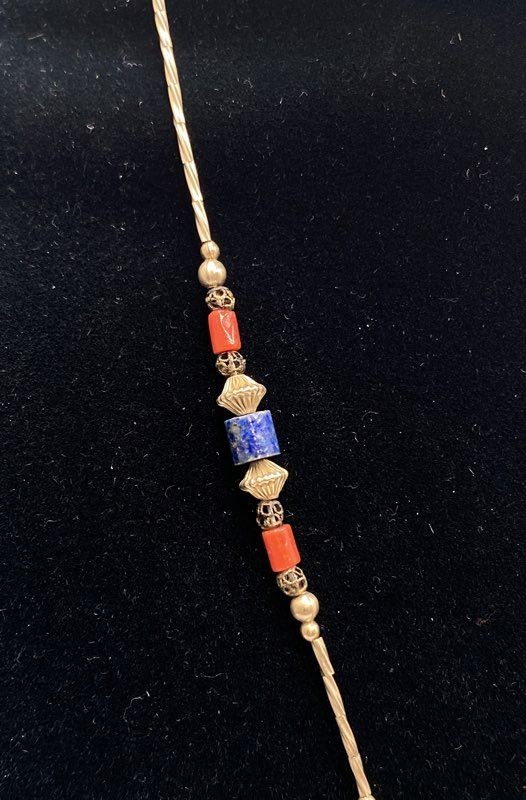Vintage Gold Filled Cloisonne Enamel Vase Necklace Blue Lapis Red Coral 17.5″