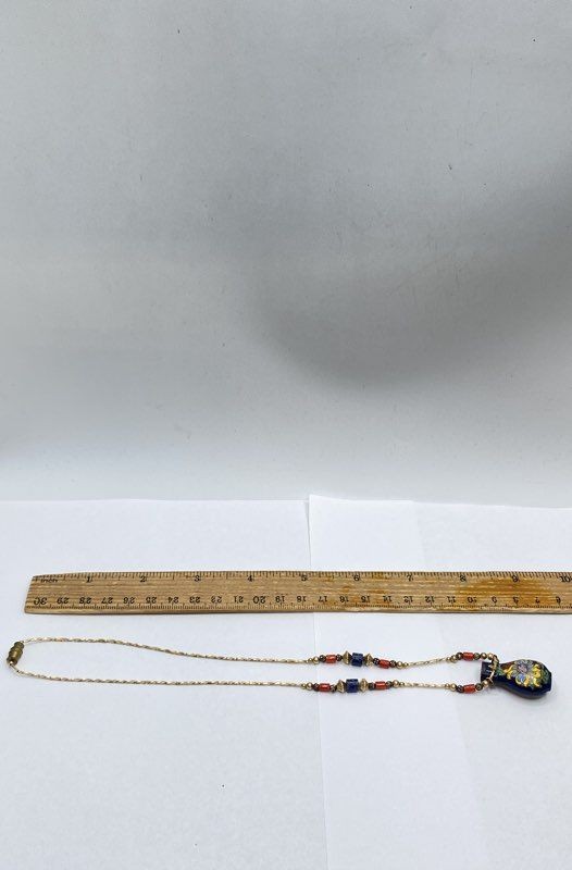 Vintage Gold Filled Cloisonne Enamel Vase Necklace Blue Lapis Red Coral 17.5″