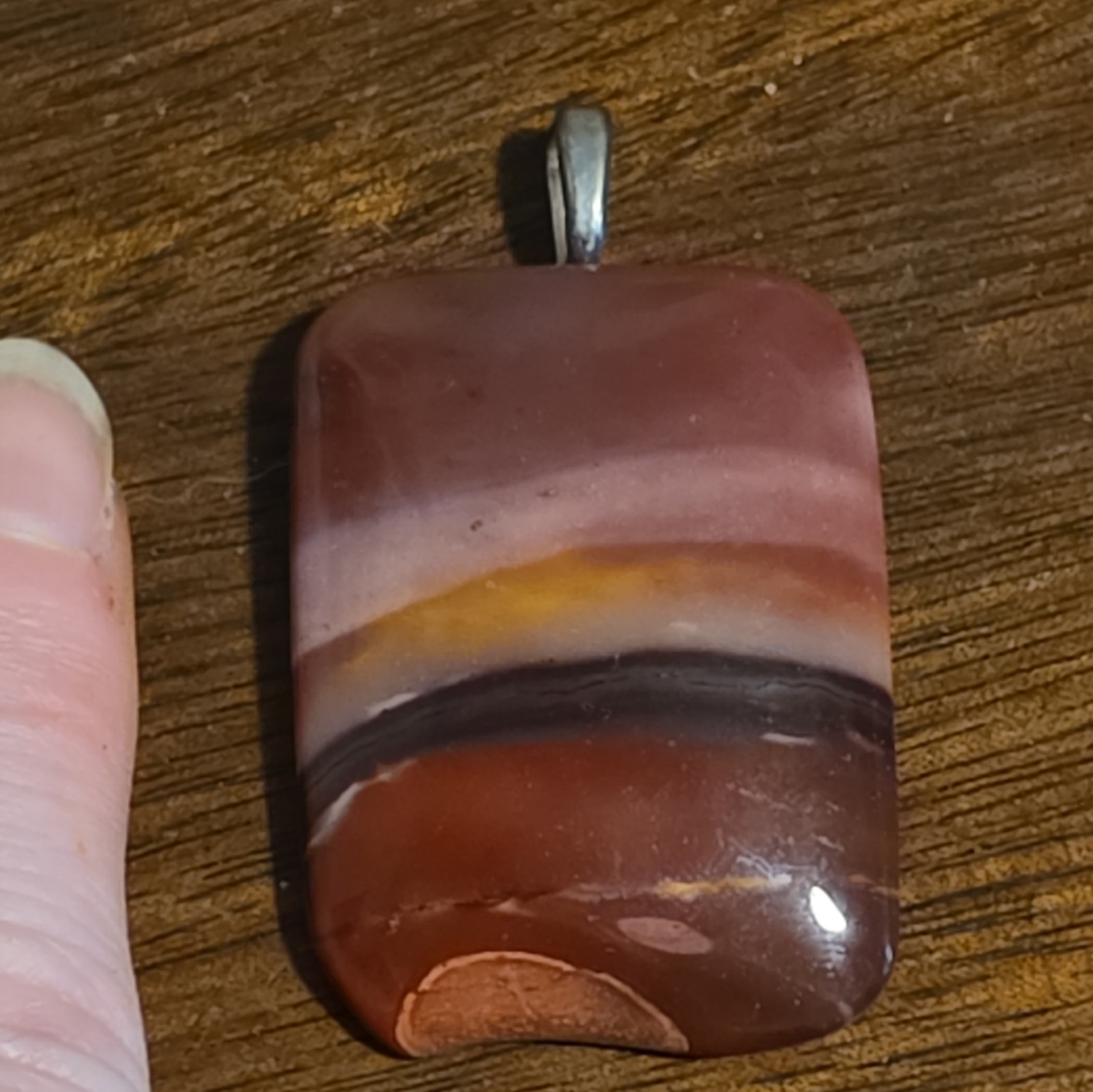 Banded Rectangle Stone Charm Pendant, Brown/Red/Purple, Metal Bail Bezel