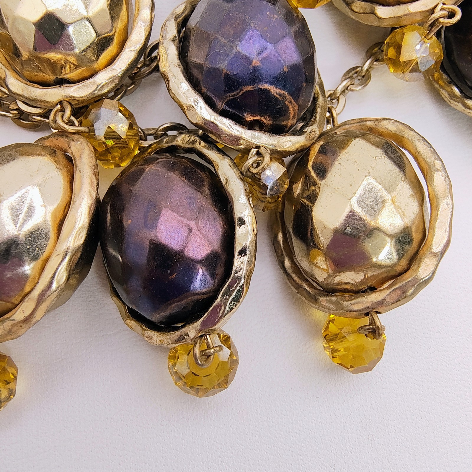 Hammered Bead Bib Statement Necklace Gold Tone Plum Purple Chunky Maximalist