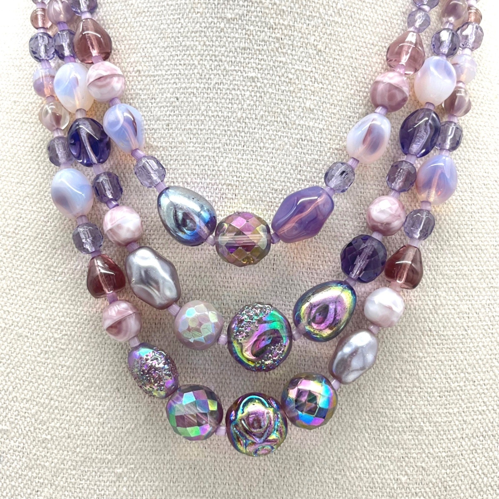 Vintage Germany Purple Iridescent Art Glass Triple Strand Beaded Necklace 16in