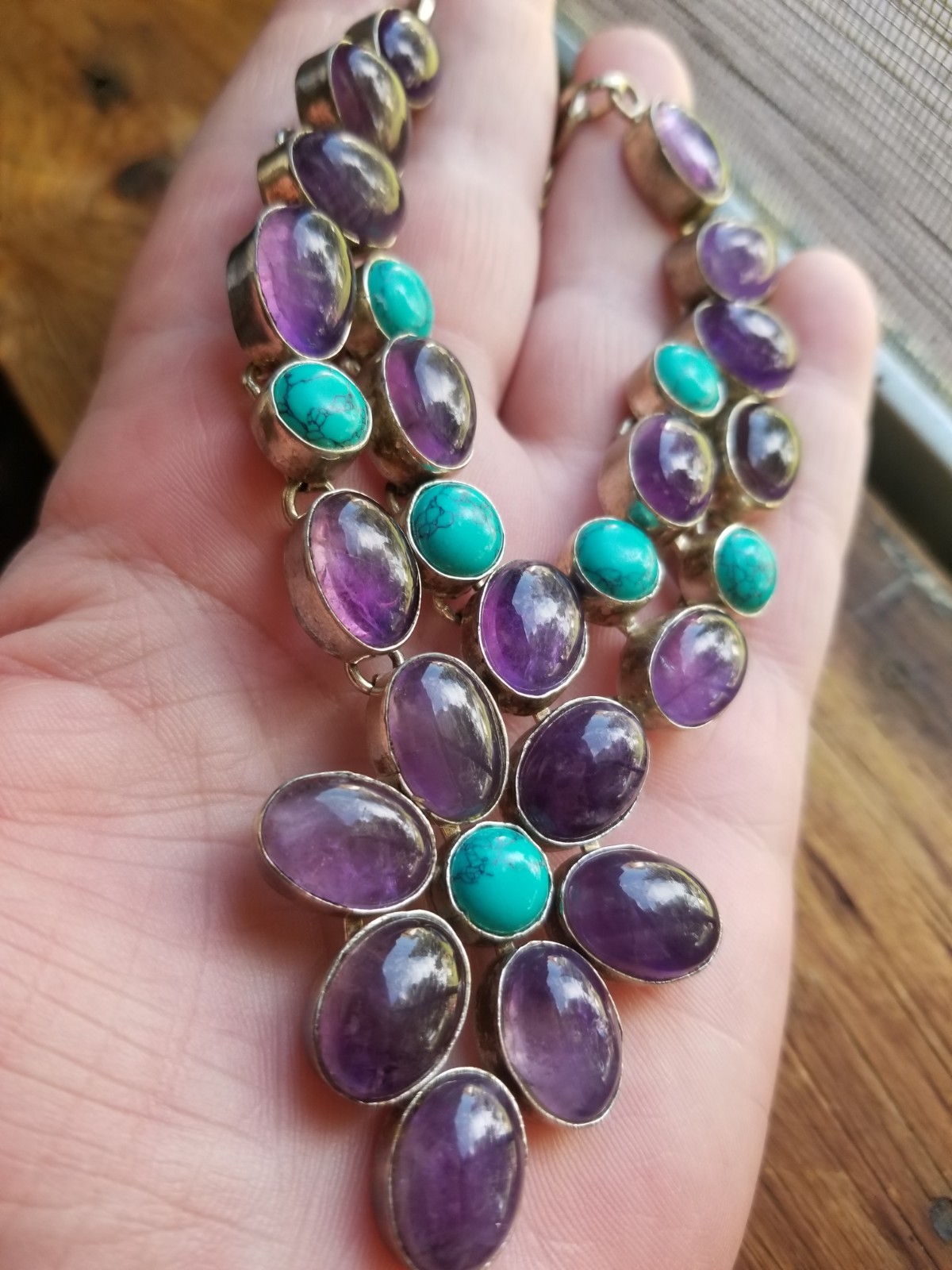 Multi Gemstone Flower Bib Statement Necklace Silver Amethyst Turquoise Handmade