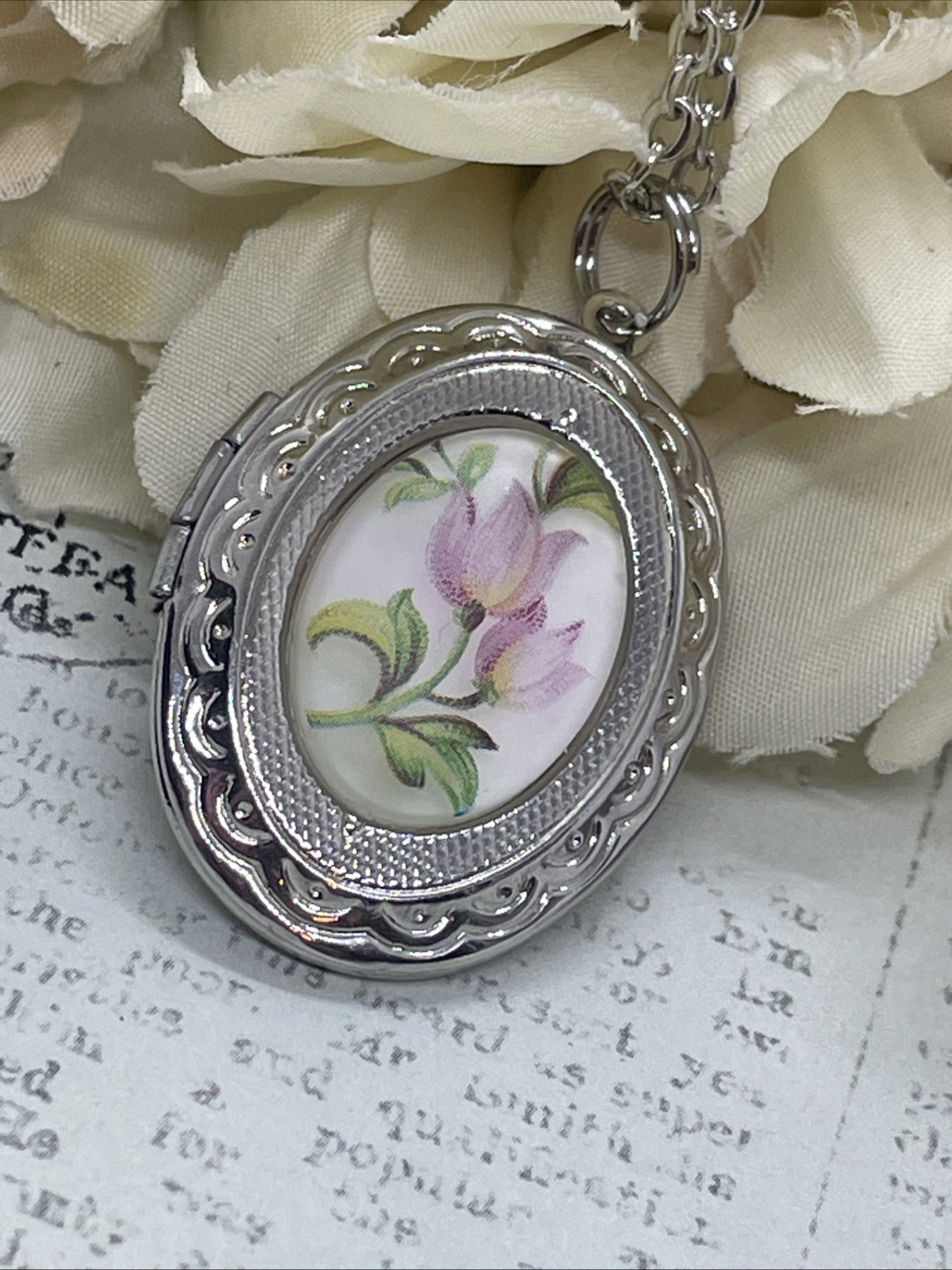 Pink Frosted Tulip Silver Photo Locket Necklace Bridal Gift Mom Wife Anniversary
