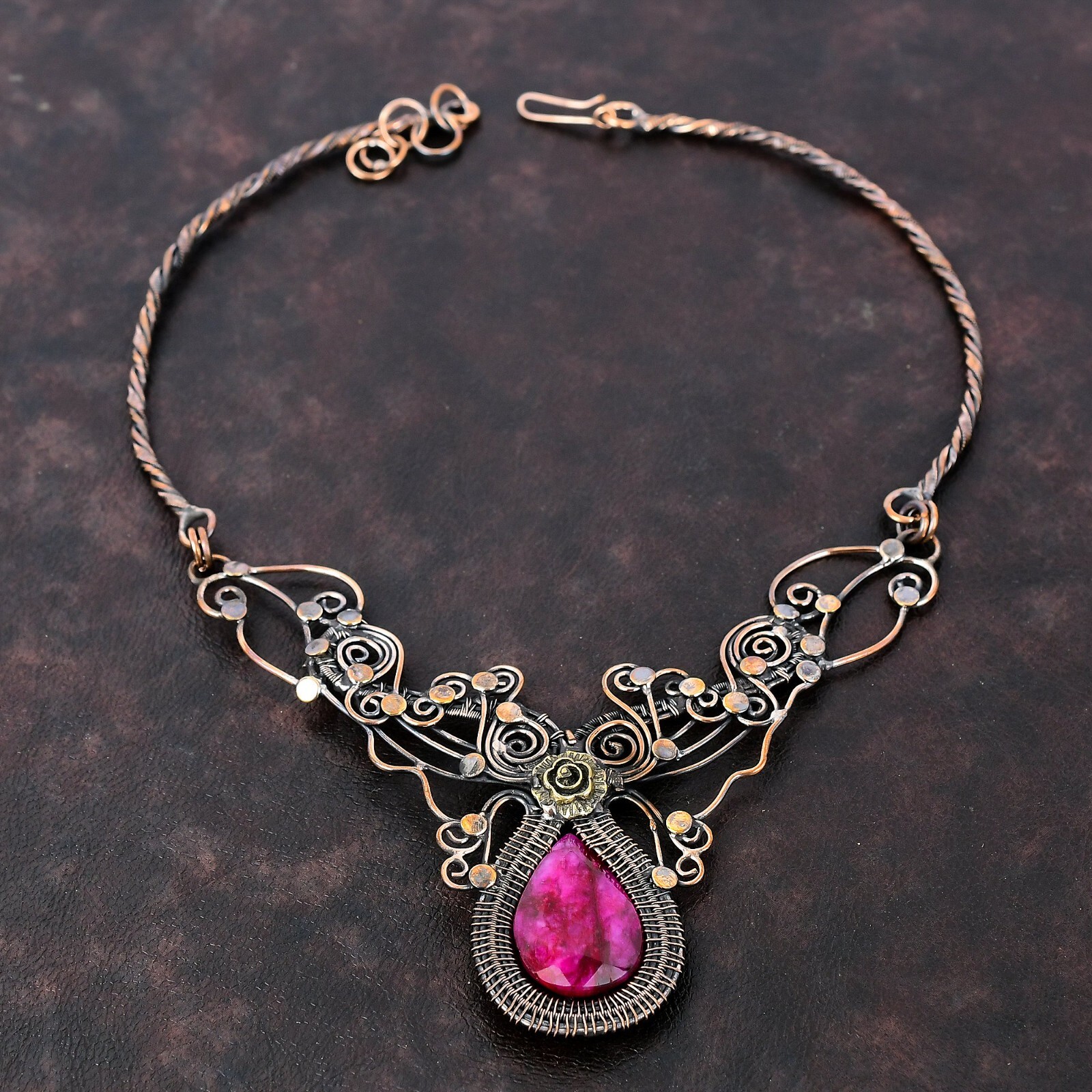 Kashmir Rubi Copper Gift For Her Wire Wrapped Flower Adjustable Necklace 18.0″