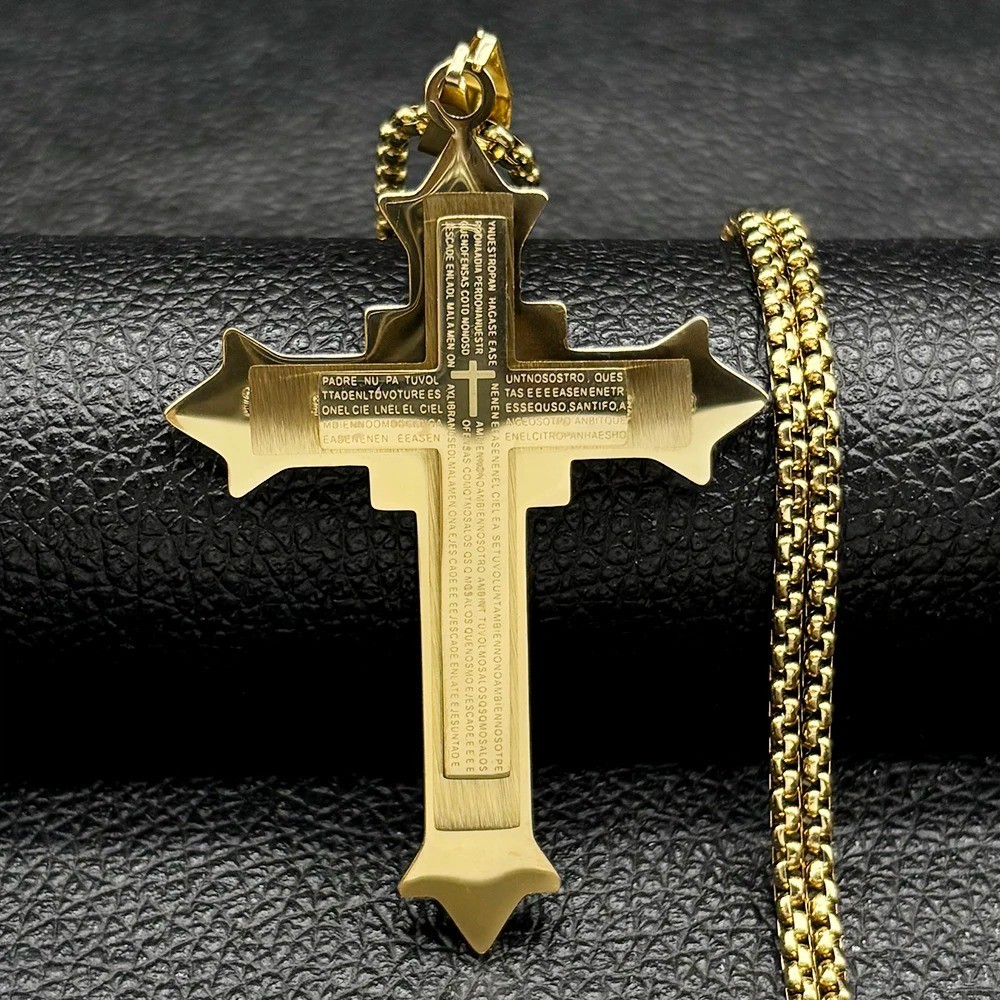 Big Bible Jesus Cross Pendant Necklace for Women Men Stainless Steel Gold Color