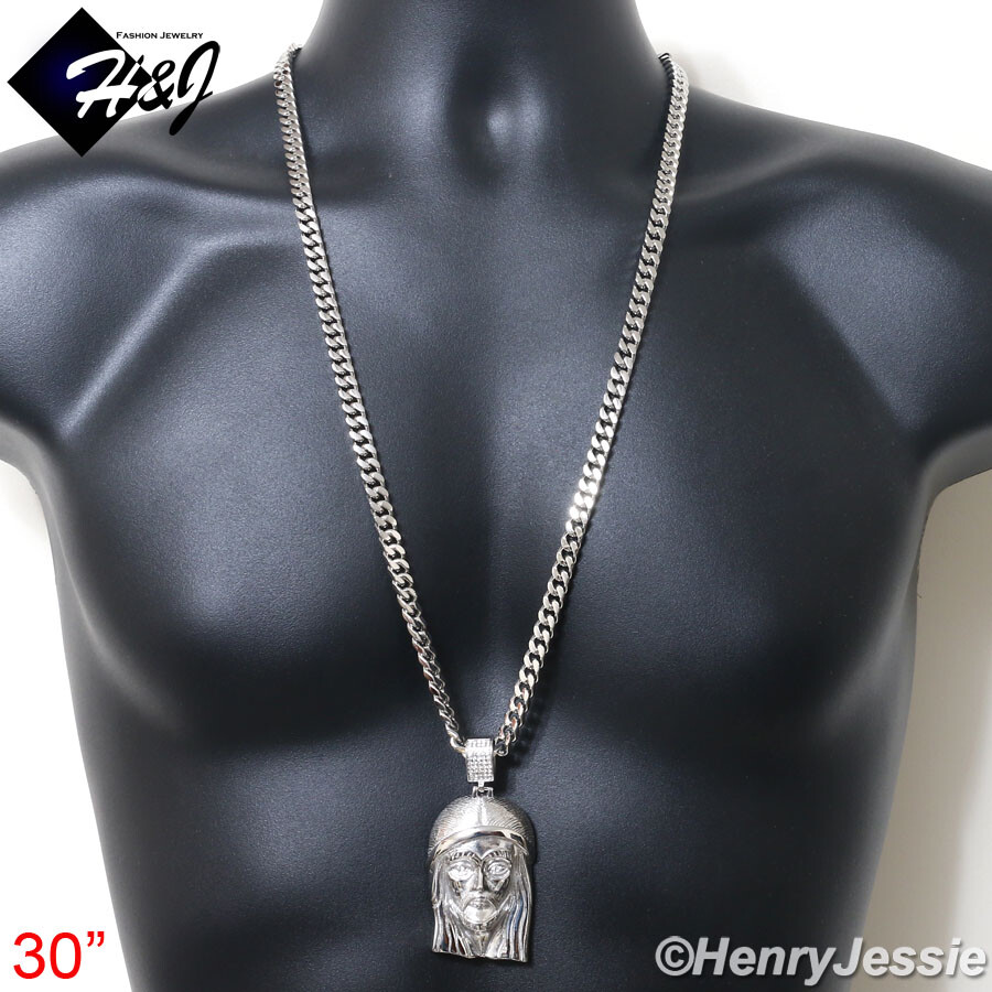 18″-40″MEN Stainless Steel 7mm Silver Miami Cuban Chain ICY CZ Jesus Pendant*143