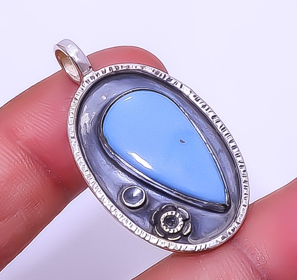 Blue Opal – Owyhee Gemstone 925 Sterling Silver Solitaire Pendant 1.56″ A370