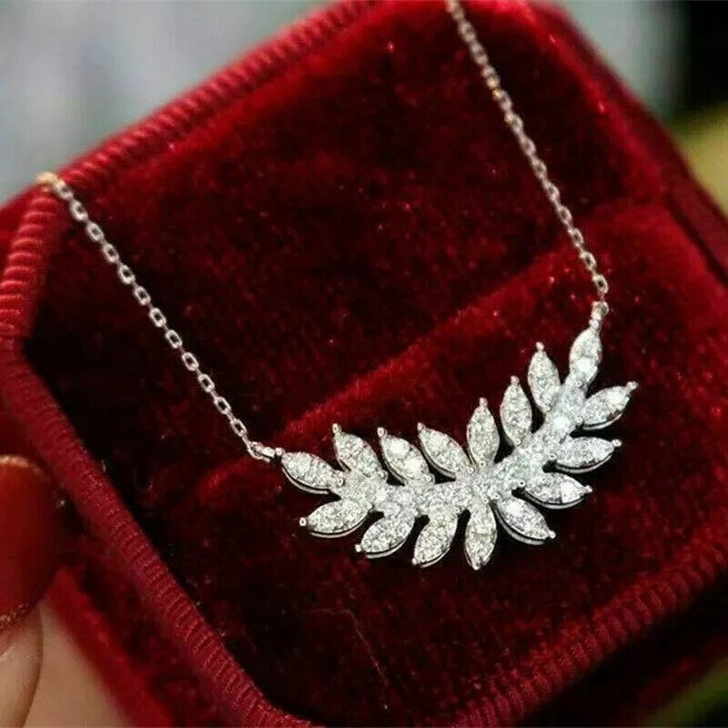 Leaf Shape Pretty Pendant 14K White Gold Plated 2Ct Round Cut Simulated Diamond