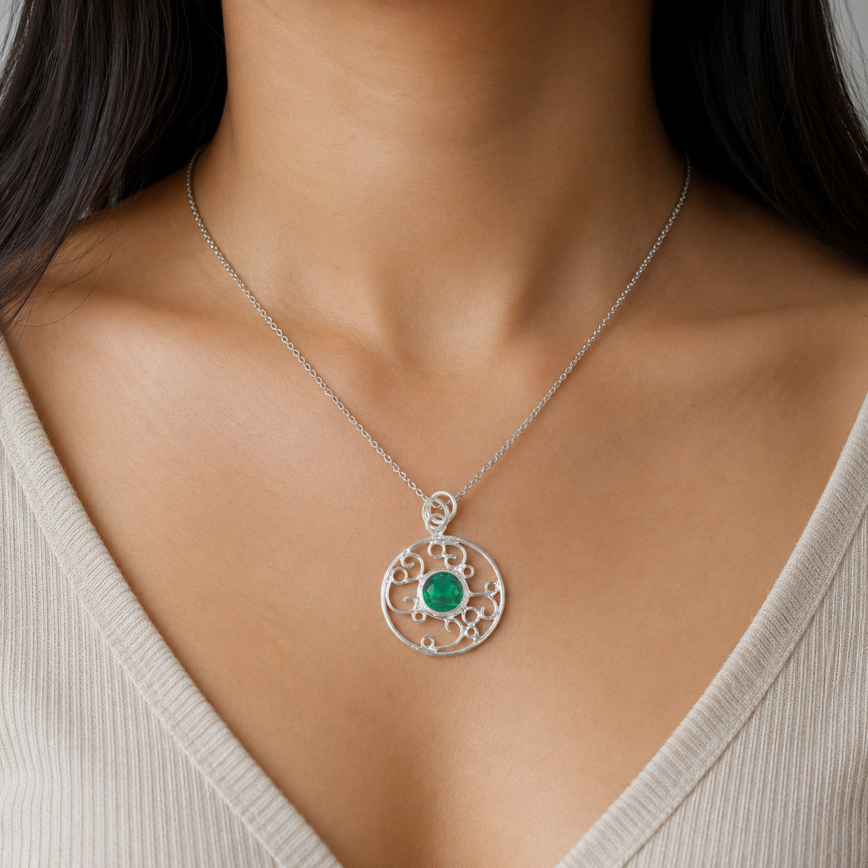 Sterling Silver Green Emerald Gemstone Anniversary May Birth Pendant Jewelry