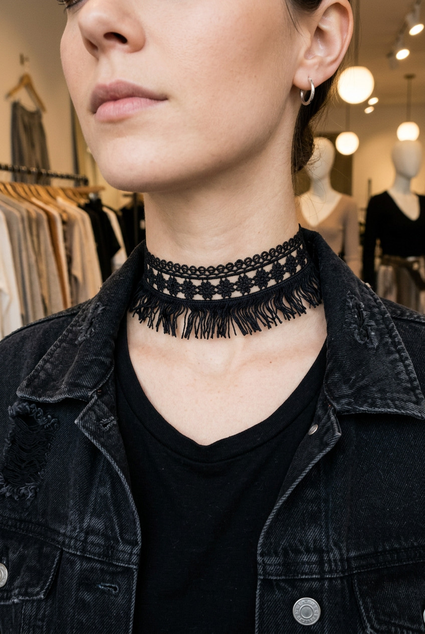 Women Tassel Strand Fringes Bohemian Style Fashion Black Fabric Choker Necklace