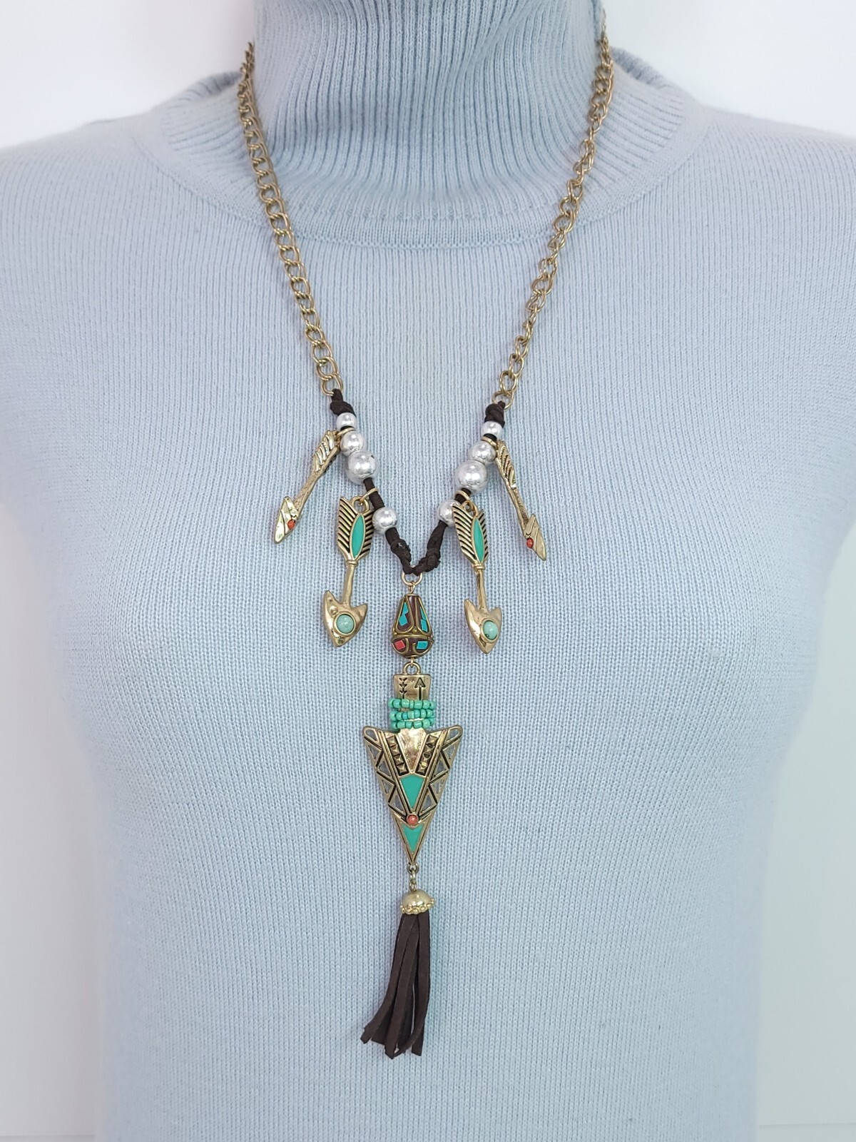 N0299 Arrow or Spear Head Design with Black Faux Leather Tassel Pendant Necklace