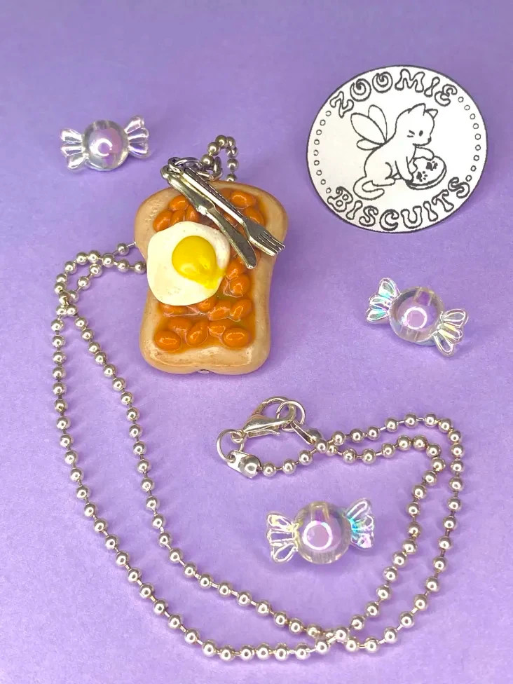 Beans and egg on toast necklace handmade (polymer clay) retro and unique