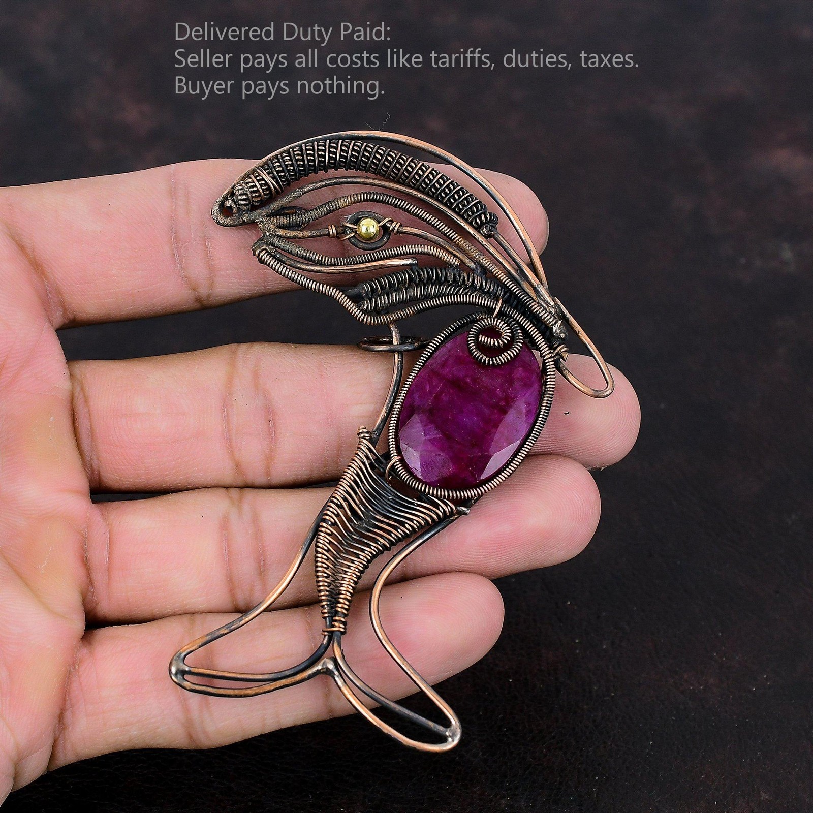 Copper Natural Kashmir Rubi Sister Wire Wrapped Fish Anniversary Pendant Jewelry