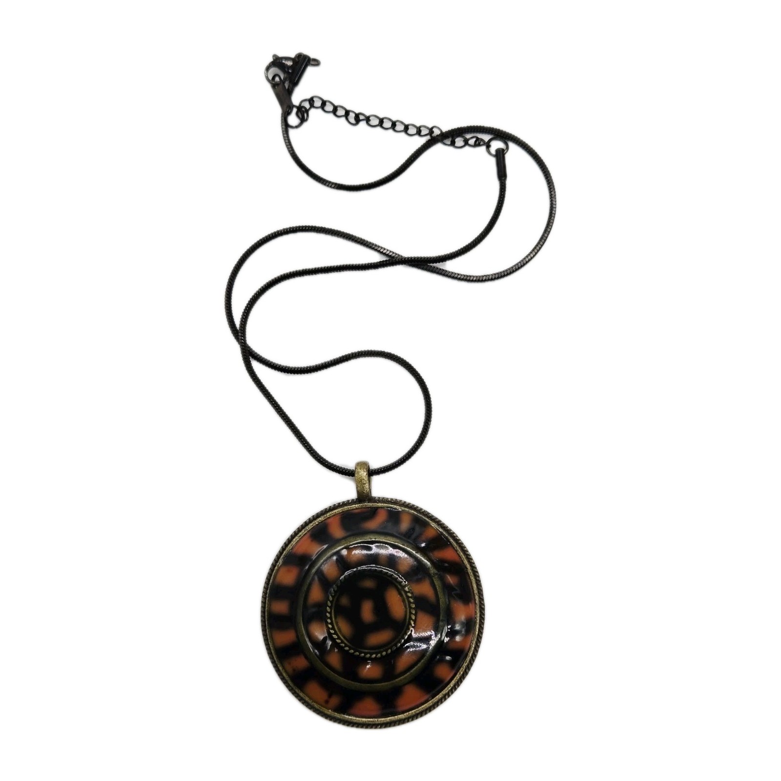 Black & Orange Multicolored enamel Medallion Pendant Necklace Art Deco 18 in