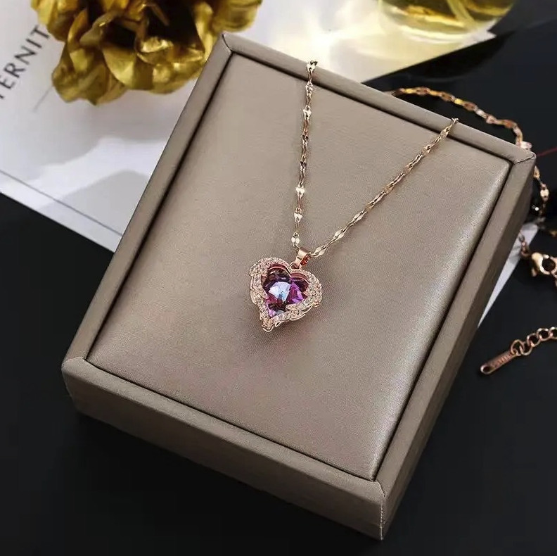 1pc Colorful Crystal Ocean Heart Necklace Women Stainless Steel Chain – NEW
