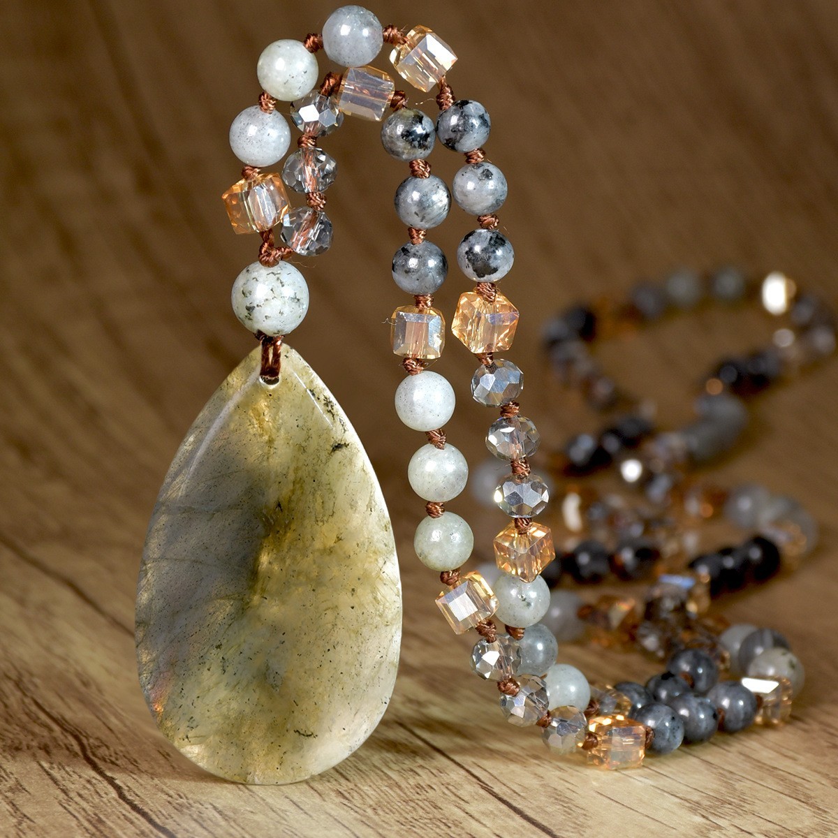 New Vintage Natural Stone Pendant Necklace For Women Knot Necklace Sweater Chain