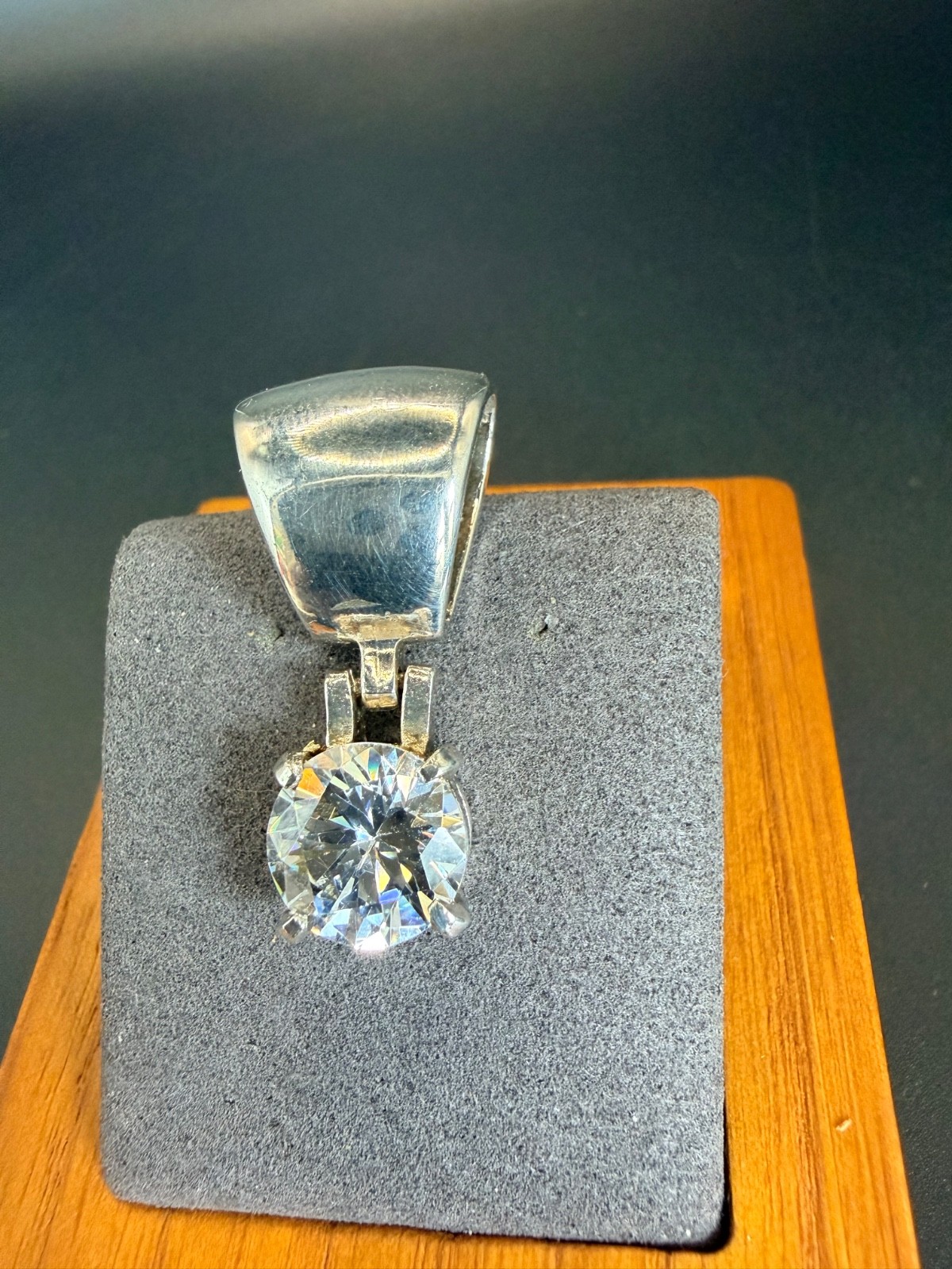Large Round CZ Solitaire Pendant Silver Plated Statement Slide Bail 9.89mm VTG