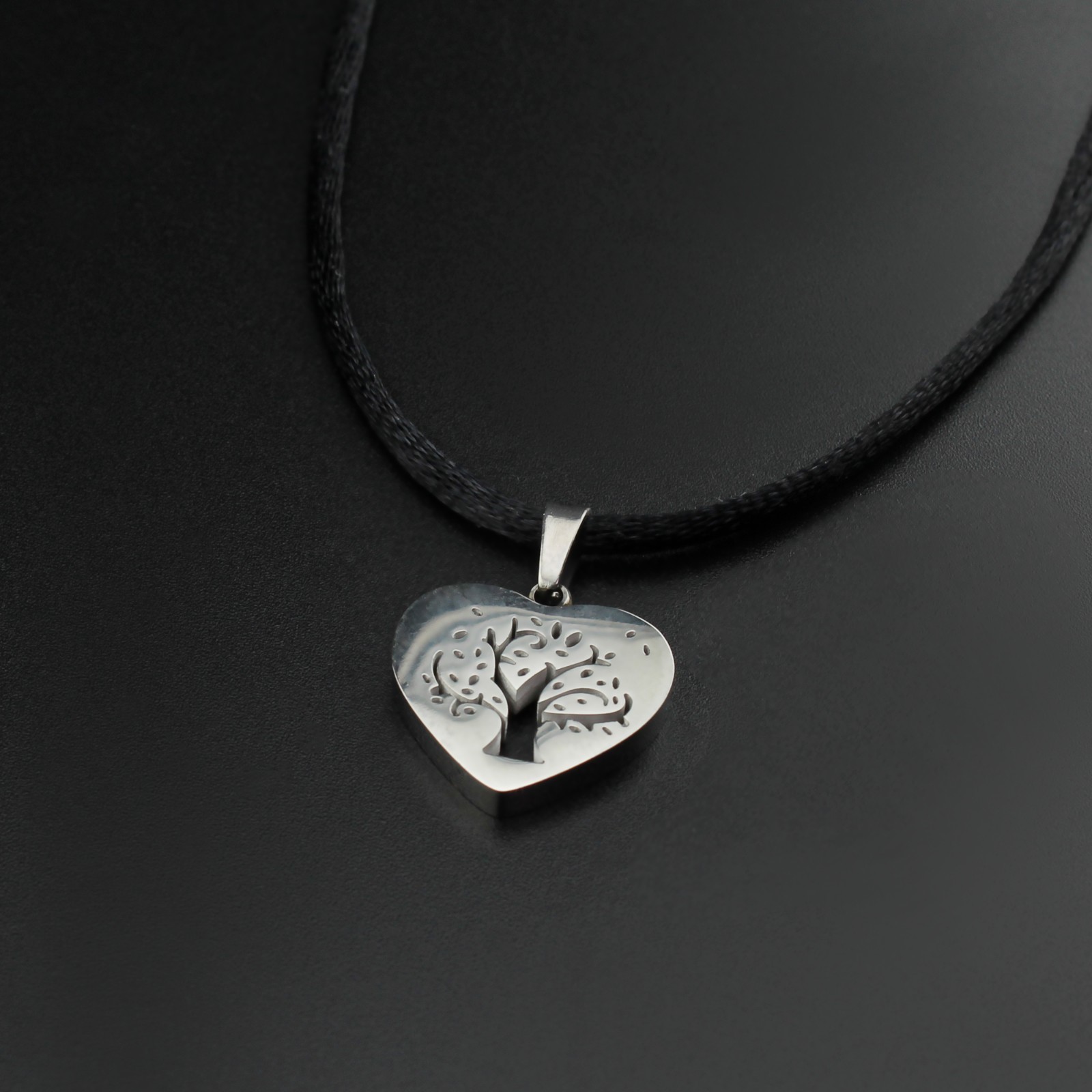 Stainless Steel Tree of Life Heart Pendant Necklace on Black Satin Silk Cord