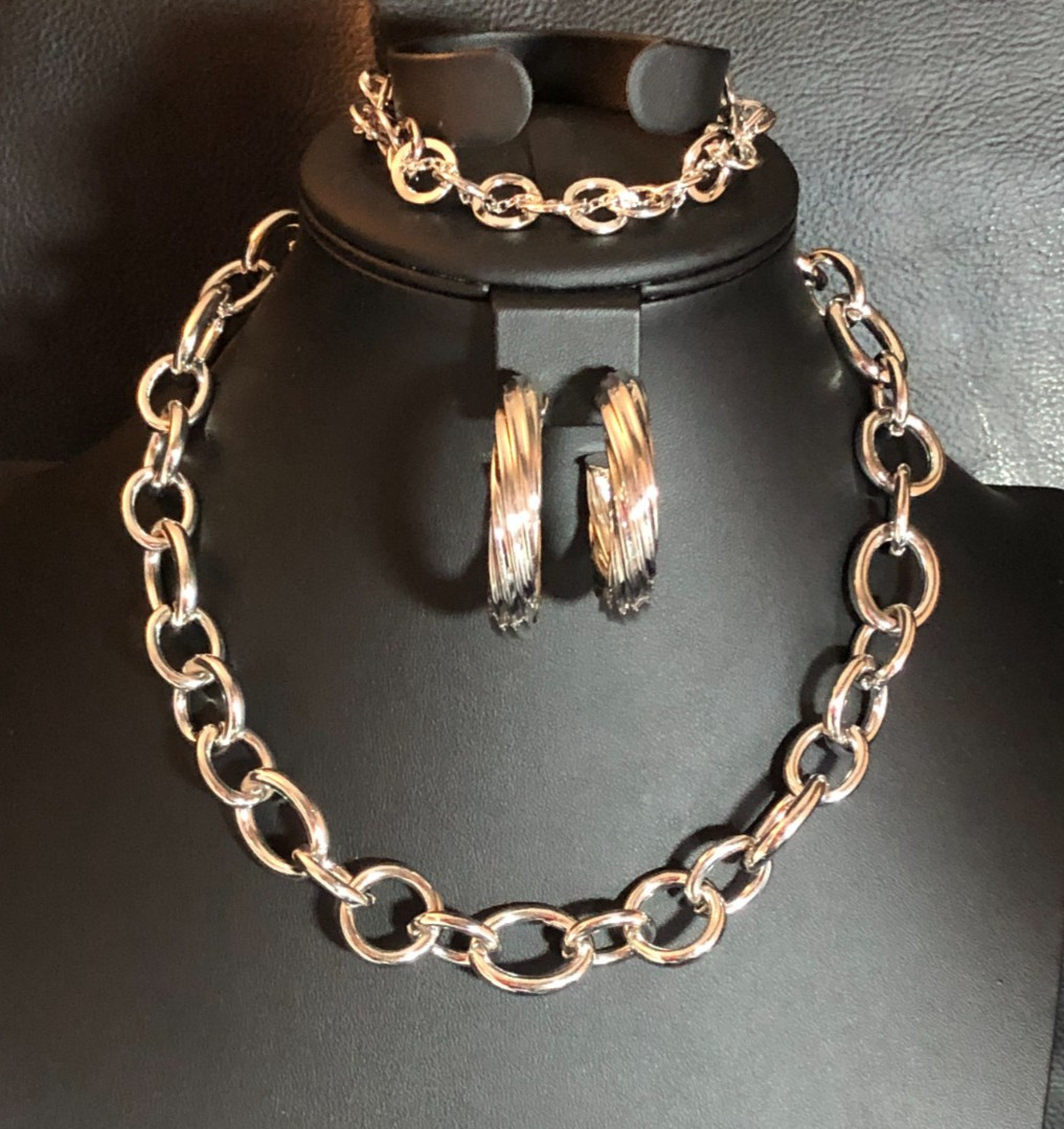 BANANA REPUBLIC Silver Rolo Chunky Chain Necklace +Hoop Earrings Bracelet 8572