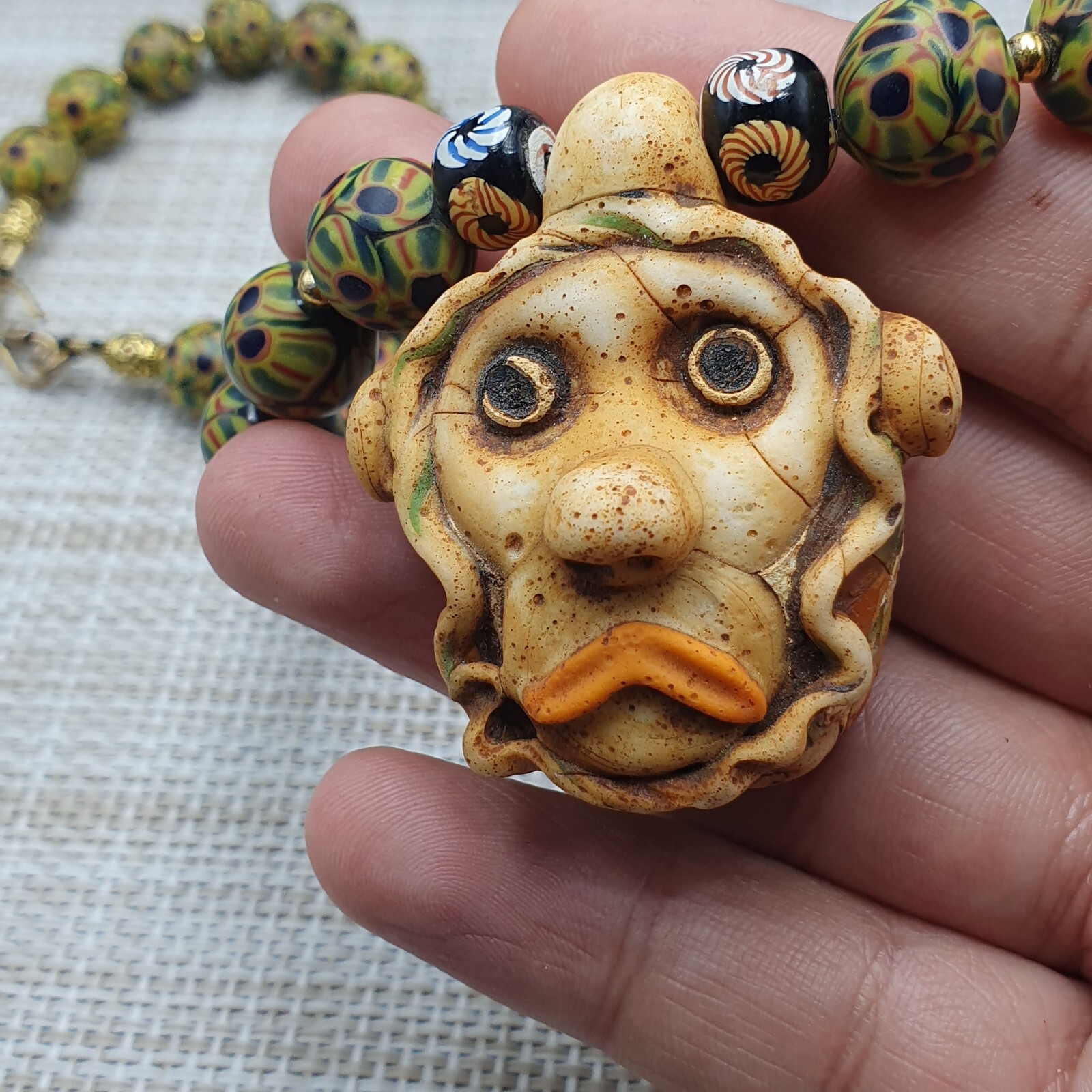 Stunning Vintage Venetan Style Eyes Glass With Old Monkey Face Glass Pendant