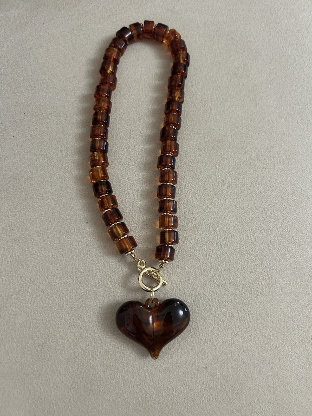 Brown Glass Beaded Ball Chain Necklace Heart Charm Pendant Toggle Closure