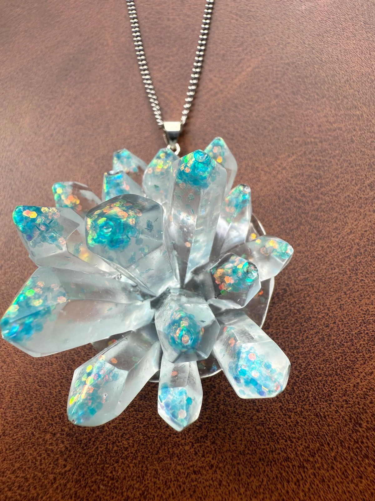 Crystal Cluster Resin Necklace | Iridescent Blue Pendant | 18 In Steel Chain