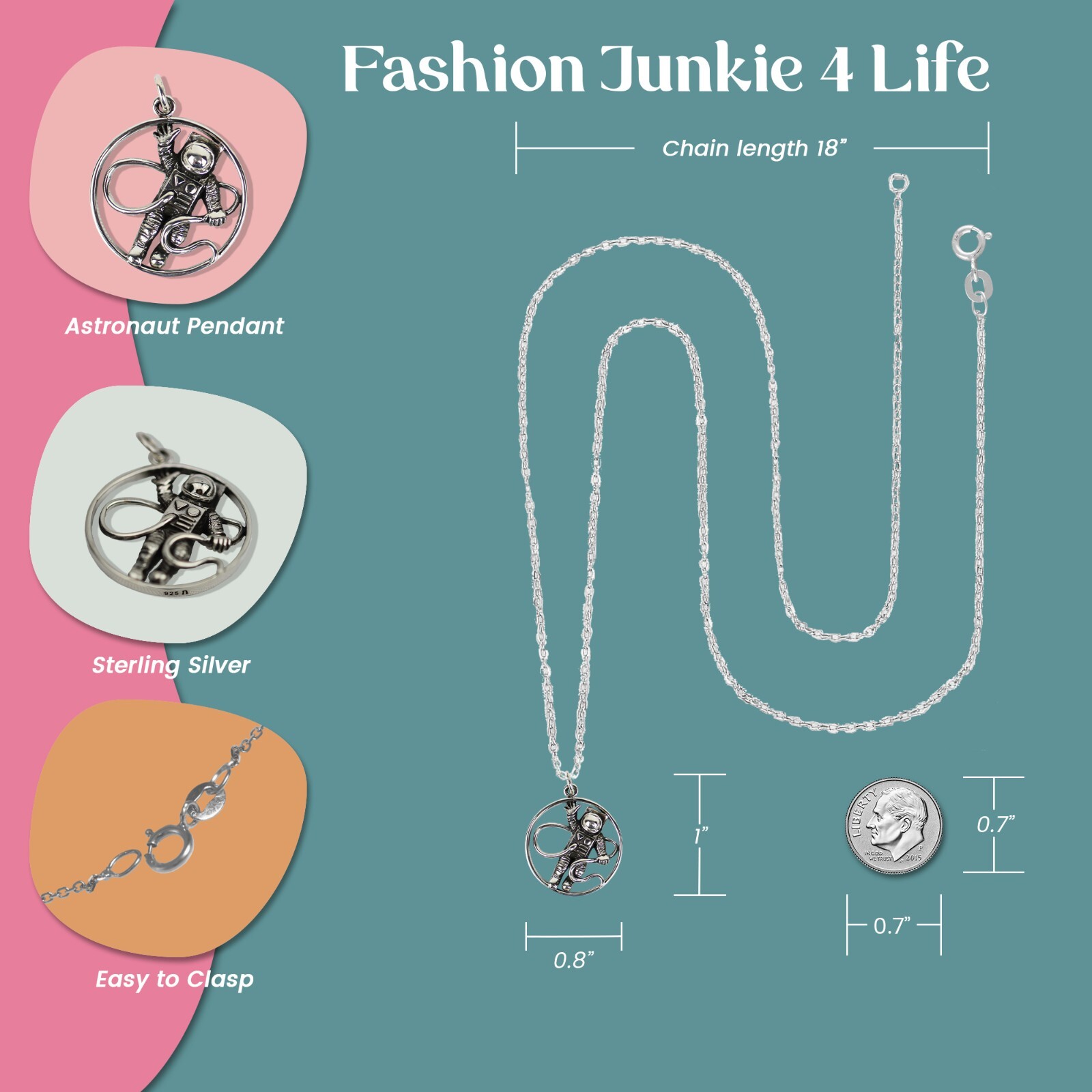 FashionJunkie4Life Sterling Silver Detailed Astronaut Pendant with 18″ Chain