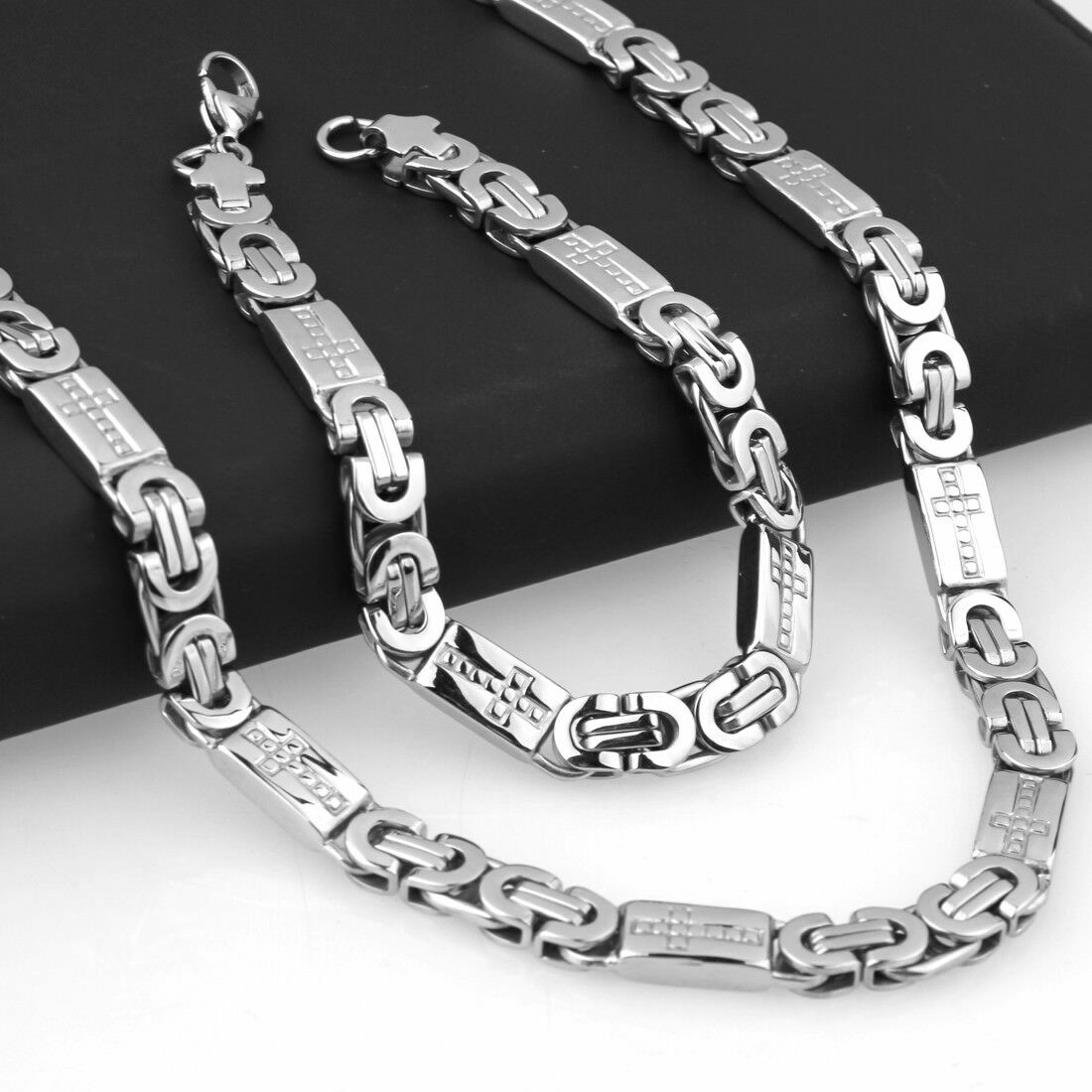 Men Women Silver Stainless Steel Byzantine Chain Necklace Bracelet Jewelry Set