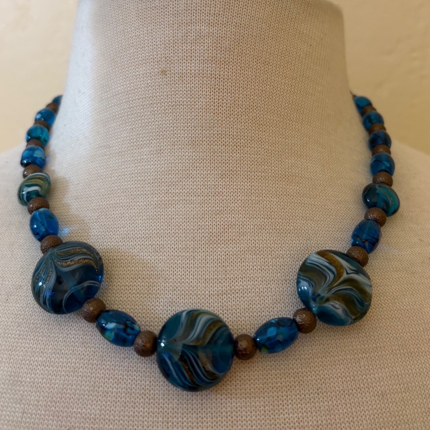 Blue Swirl Art Glass Bead Statement Necklace Bronze Tone Lobster Clasp Boho