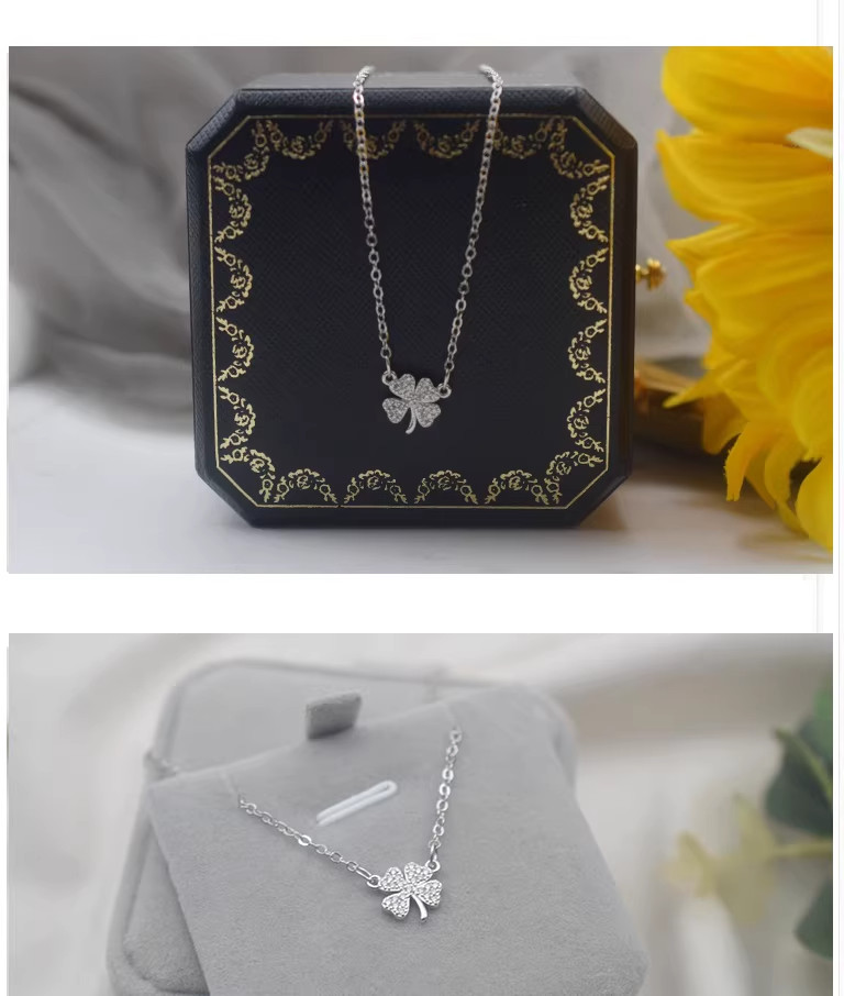 18K White Gold Plated Four Leaf Clover Necklace, Valentine’s Day Gift for Her
