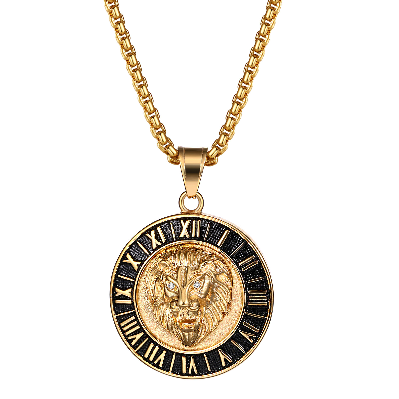 Mens Boys Hip Hop Gold Tone Lion Head Stainless Steel Pendant Necklace Chain 22″