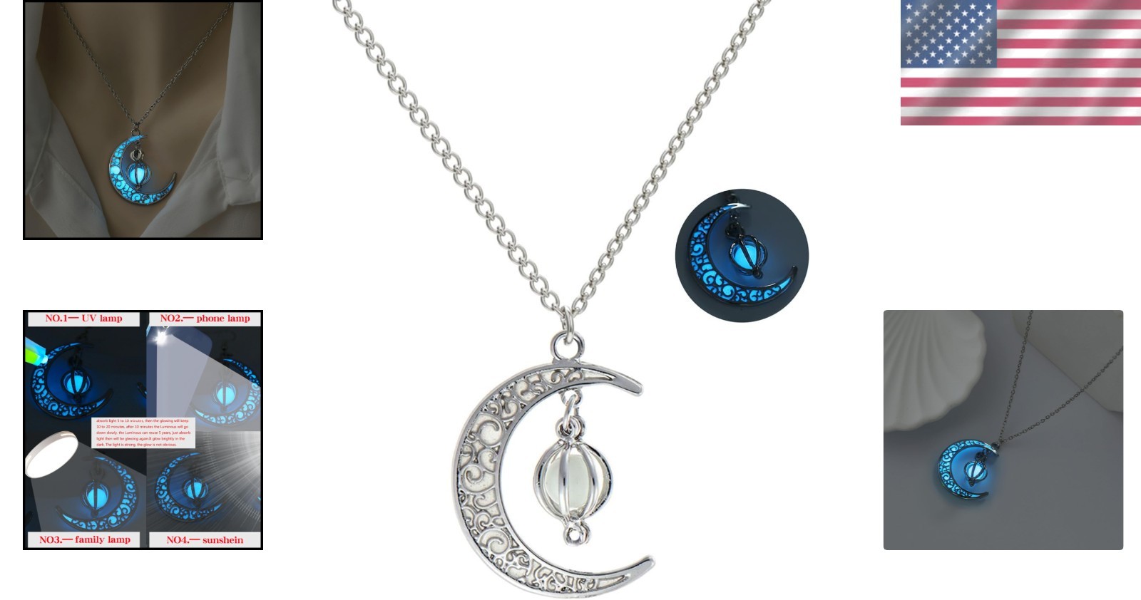 Enchanting Glow in the Dark Silver Crescent Moon & Orb Necklace – Sky Blue Charm