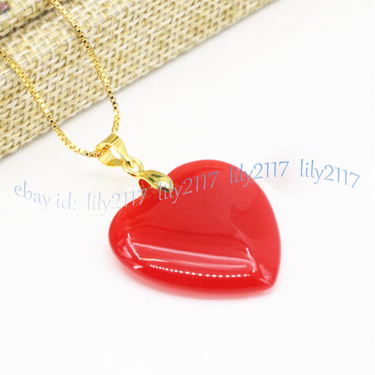 25mm Natural Red Jade Heart Gemstone Pendant Necklace Gold Plated Chain 17″