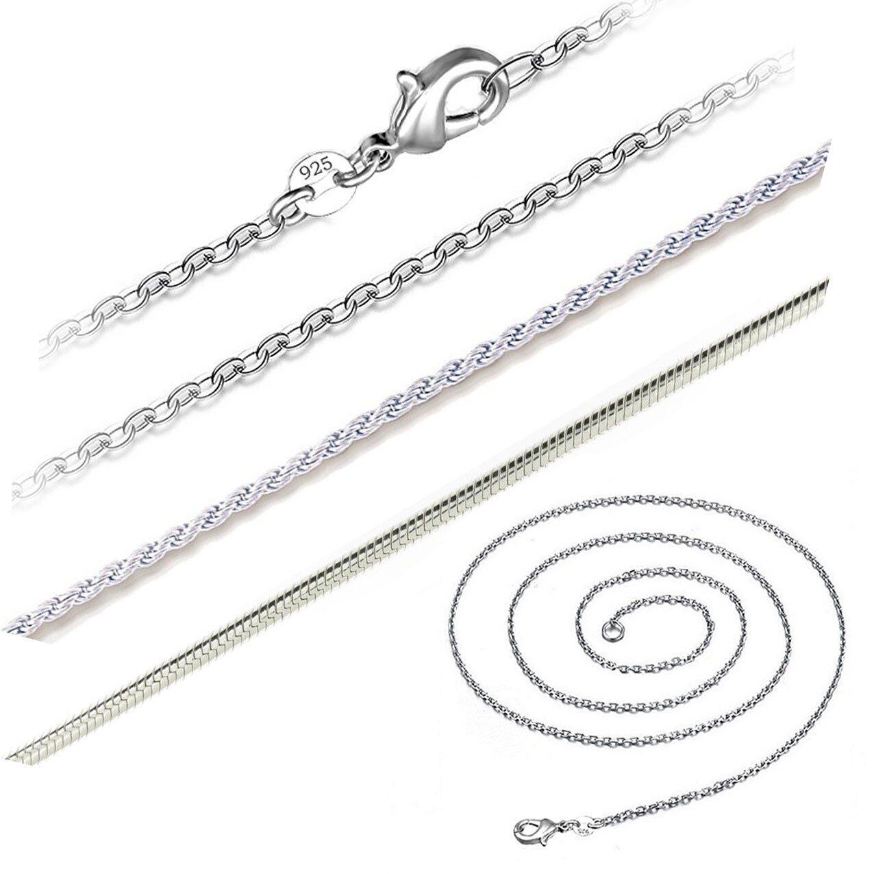 925 Silver Plated Rhinestone Cut Rope Snake Rolo Chain Fashion Necklace 16-24″